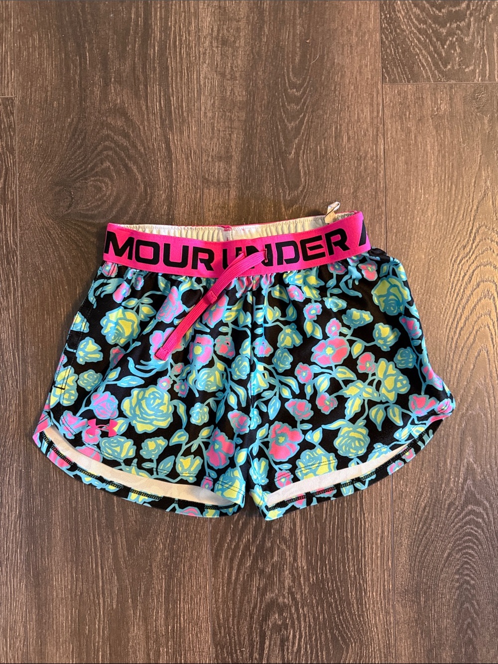 Under Armour Black Floral Girls' Athletic Shorts with Pink Waistband